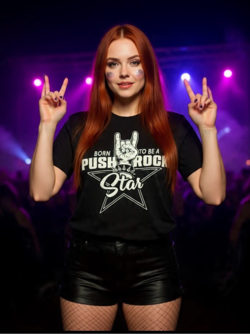 Black T-Shirt ‘Born To Be A Push Rock Star’ Star & hand sign motif Graphic Tee